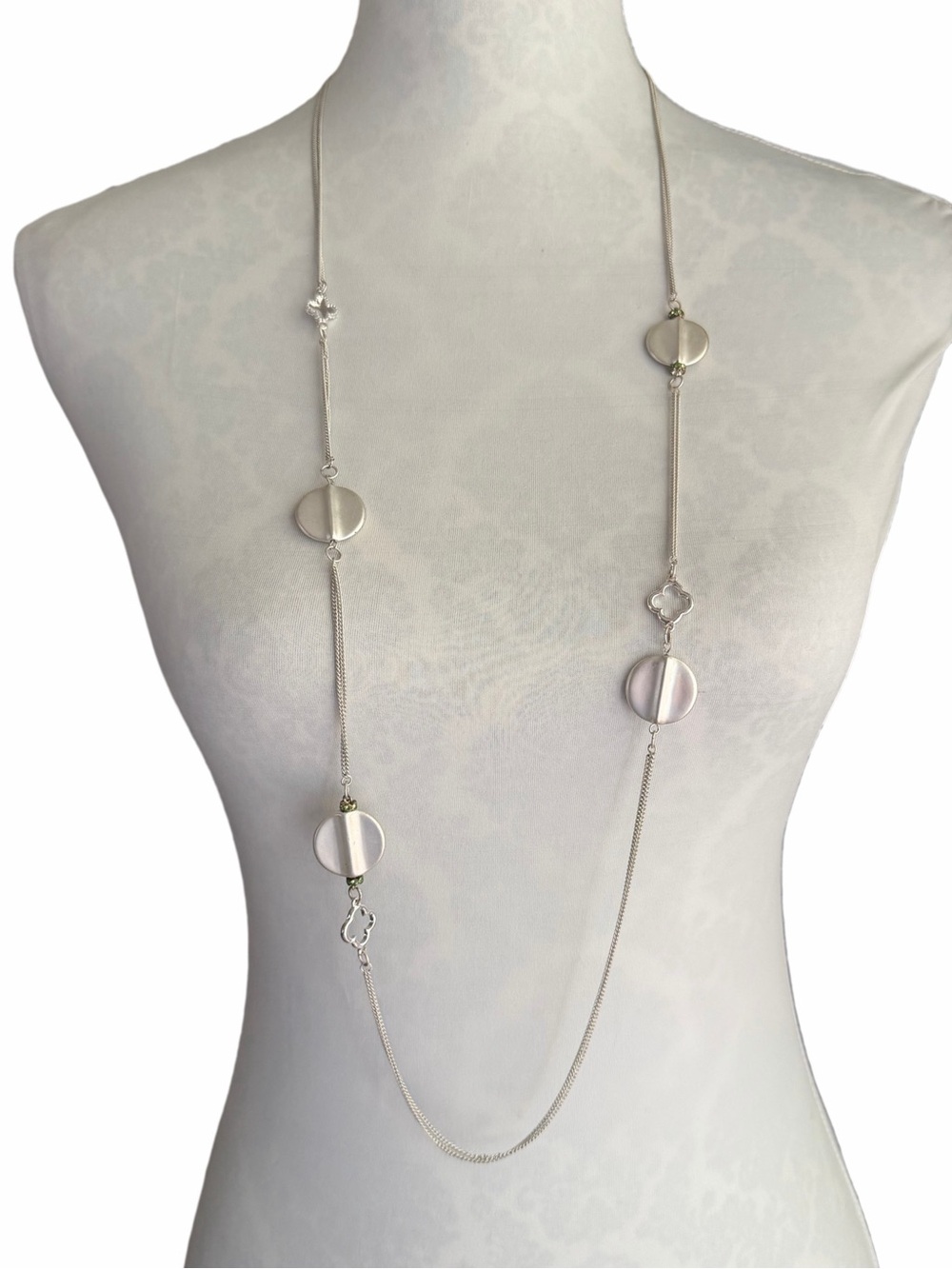 Vintage Silver Tone Brushed Disc & Clover Station Necklace | Layering Necklace